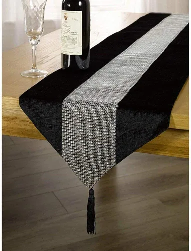Miniatura 8 de Camino de mesa de 13 x 72 pulgadas con tira de diamantes y borlas (gris)