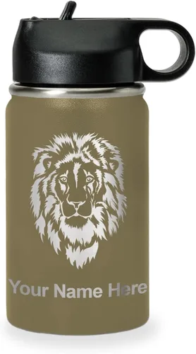 LaserGram Botella de agua personalizada, cabeza de león, acero inoxidable de doble pared aislada al vacío con popote superior, regalo grabado