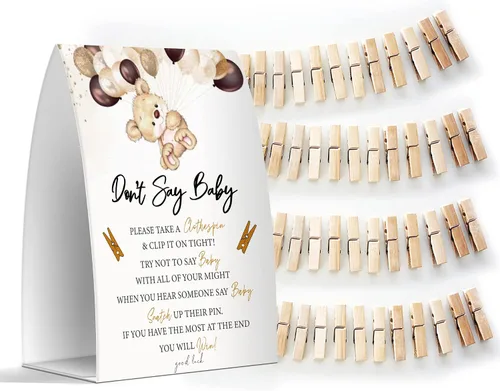Juego de texto en inglés "Don't Say Baby", un letrero de 5 x 7 pulgadas y 50 mini pinzas para la ropa, juegos de baby shower, decoración de baby
