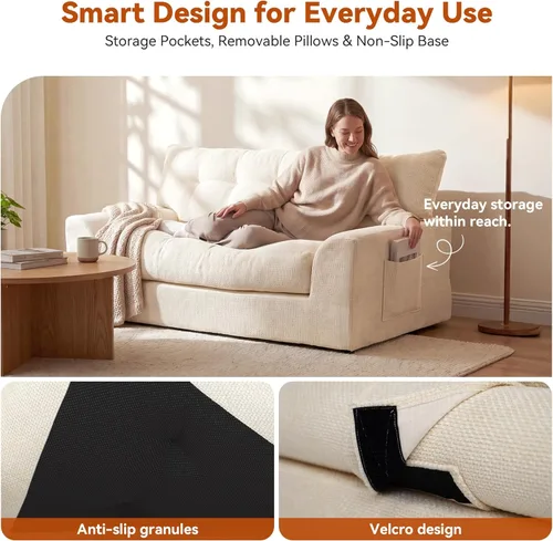 Miniatura 5 de MONVANE 55.5" Convertible Loveseat Sofa, 2-in-1 Boneless Sleeper Sofa Bed Futon Couch with Storage Pocket, Comfy Chenille Deep Seat Boneless Couch