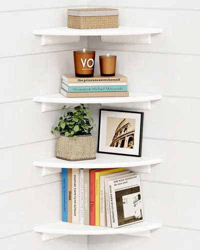 Miniatura 10 de Forbena Juego de 4 estantes flotantes de esquina blanca para pared, estantes de esquina redondeados montados en la pared para libros de dormitorio