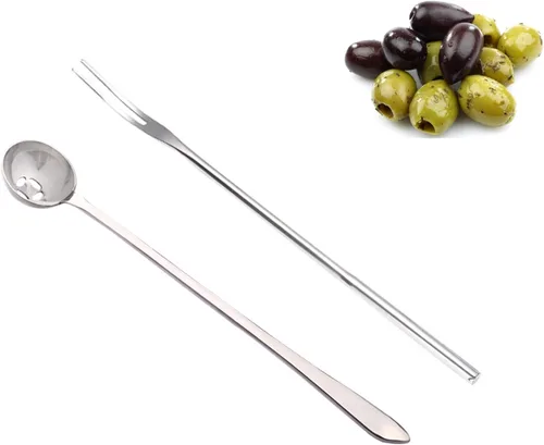 Cuchara de aceituna de mango largo y tenedor de pepinillos para servir cuchara y tenedor, juego de recogedor de alimentos de acero inoxidable para