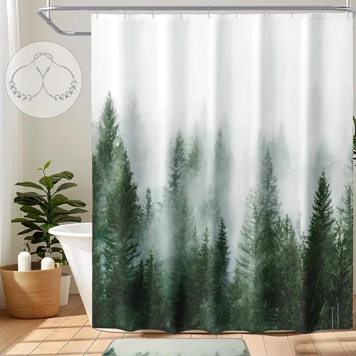 ORTIGIA Cortina de ducha verde para baño con patrón de bosque neblinoso, conjunto de cortina de ducha artística de naturaleza y bosque con ganchos
