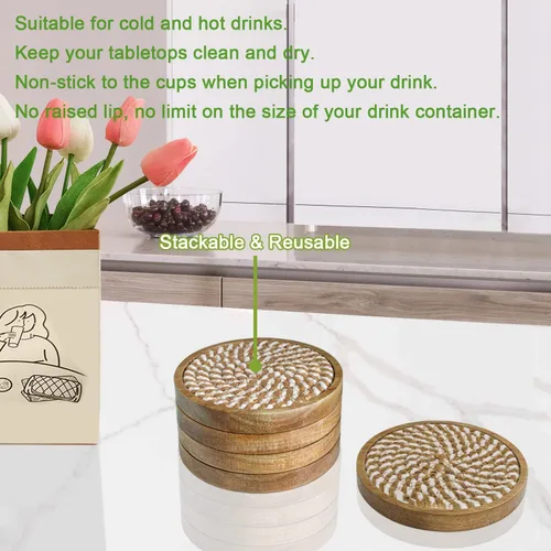 Miniatura 3 de Eykao Paquete de 5 posavasos absorbentes para bebidas, posavasos tejidos de 4.3 pulgadas para mesas de café, posavasos de madera para protección