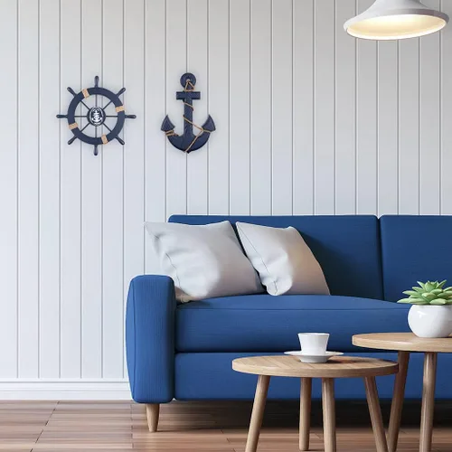 Miniatura 7 de MDLUU Volante náutico de madera, timón de barco pequeño y ancla, juego de decoración de pared de 11 pulgadas, rueda de timón azul marino, adorno