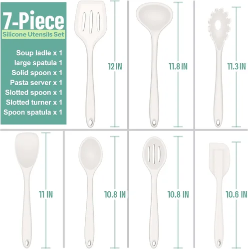 Miniatura 5 de E-far Juego de utensilios de cocina de silicona, juego de 7 piezas de utensilios de cocina resistentes al calor en color blanco, utensilios