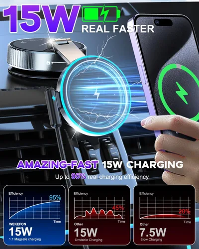 Miniatura 2 de Cargador de coche Magsafe para montaje en automóvil, cargador inalámbrico de carga rápida de 15 W [succión de 120 libras e imán de 3800 gf] 780°