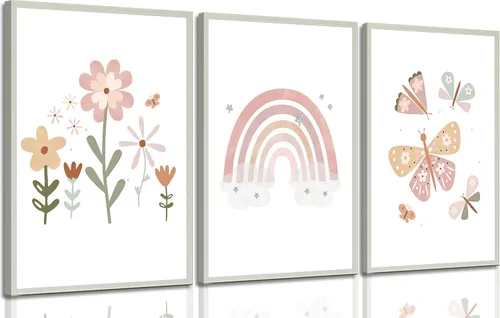 Miniatura 9 de Lienzo bohemio rosa para cuarto de bebé, arte de pared para habitación de niños, decoración de pared, diseño de flores de mariposa para niños