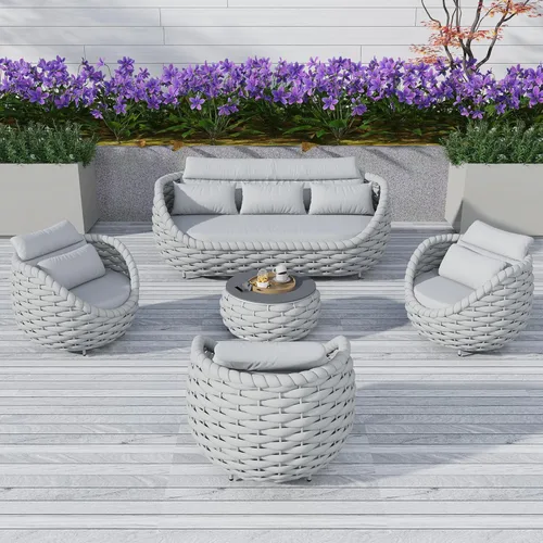 Miniatura 9 de TWT 3-Piece Woven Rope Patio Furniture Set, 2 Outdoor Armchairs with Soft Cushions + Round Aluminum Coffee Table, All-Weather Conversation Set for