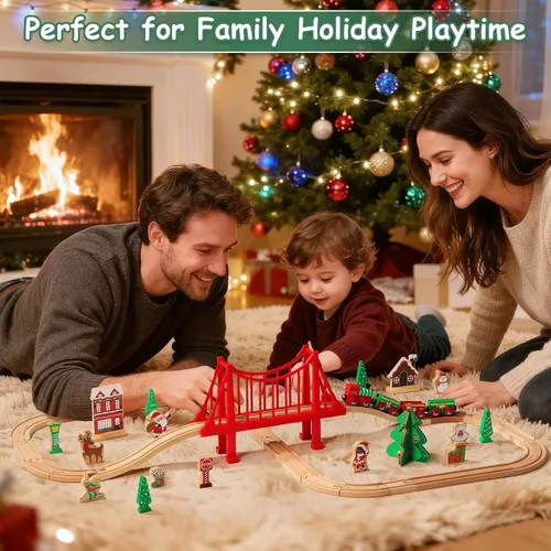Miniatura 5 de SainSmart Jr. Juego de tren de madera de 50 piezas, tren de juguete con exquisita caja, juego de pista de tren de madera apto para las principales