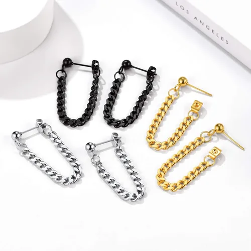 Miniatura 6 de Aretes colgantes de acero inoxidable para hombres y mujeres, chapados en oro de 18 quilates, aretes colgantes con bisagras, aretes de cadena larga