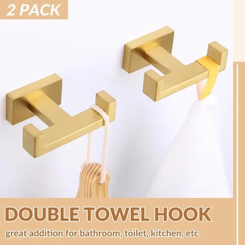 Miniatura 8 de APLusee Paquete de 2 ganchos dobles para toallas de baño, soporte cuadrado de doble capa de acero inoxidable sólido, moderno para baño y cocina, Oro