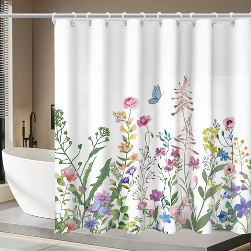 Cortina de ducha floral ohMobi, cortina de ducha con flores, cortina impermeable con 12 ganchos - decoración moderna de baño en acuarela, cortinas