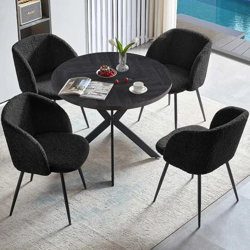 Miniatura 15 de NORDICANA Juego de mesa de comedor y sillas de 3 piezas, juego de mesa redonda de madera de ingeniería de 37 pulgadas con sillones de sherpa Negro