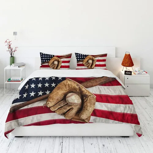 Miniatura 4 de Juego de ropa de cama de béisbol para niños, juego de edredón de bandera estadounidense con temática deportiva, tamaño individual, decoración