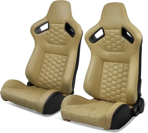 IKON MOTORSPORTS, Asientos universales para vehículos de carreras con deslizadores dobles, asientos deportivos reclinables de cuero PU beige + cuero