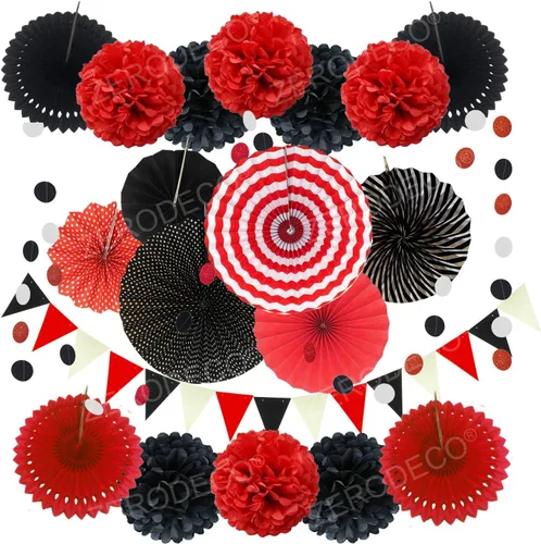 Miniatura 11 de Zerodeco - Decoración de fiesta, 21 piezas de abanicos de papel, pompones flores, tiras de cuerdas de lunares y banderines triangulares
