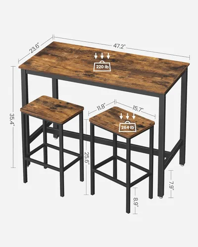 Miniatura 5 de VASAGLE Juego de mesa y sillas de bar, mesa rectangular con 2 taburetes, juego de pub de comedor para 2, ahorro de espacio para desayuno de cocina