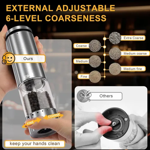 Miniatura 2 de Juego de Molinillo Eléctrico de Sal y Pimienta Recargable, Grosor Ajustable Externo, Agitadores Automáticos de Sal y Pimienta, Utensilios de Cocina
