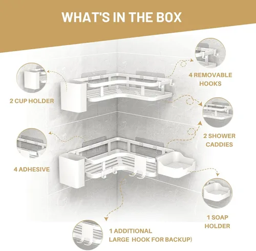 Miniatura 5 de Organizador de ducha adhesivo para colgar, paquete de 6, estantes esquineros de acero inoxidable galvanizado a prueba de óxido, organizador de ducha