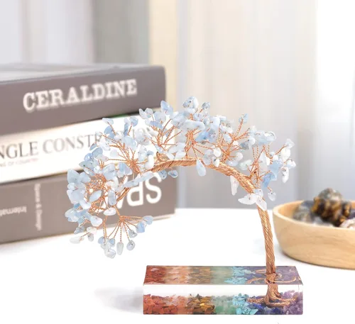 Miniatura 4 de rockcloud Árbol de dinero de piedra de cristal aguamarina con base de resina de chakras, hecho a mano, árbol bonsái de Feng Shui, decoración de Azul