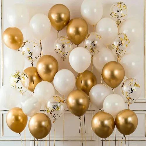 Miniatura 4 de Juego de 50 globos para fiestas, cromo dorado, perla blanca y confeti dorado, globos de látex natural de 12 pulgadas para decoraciones de fiestas