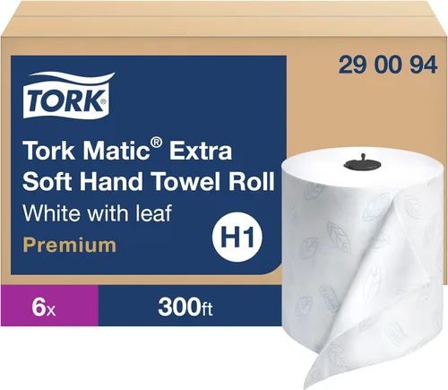 Rollo de toallas de mano de papel extra suave Tork Matic blanco con hoja azul H1, Premium, alta absorbencia, 6 rollos x 300 pies, 290094