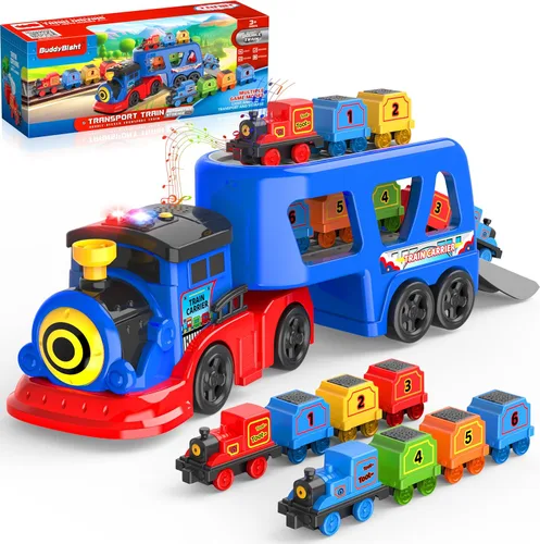 Miniatura 9 de Juego de tren de juguete 2 en 1 para niños pequeños, base de tren de catapulta con grúa torre móvil, 8 pequeños trenes magnéticos, efecto de luz