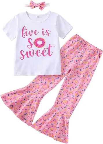 Miniatura 33 de Conjunto de ropa de cumpleaños para bebé niña pequeña, camiseta de manga larga, pantalones de campana, diadema