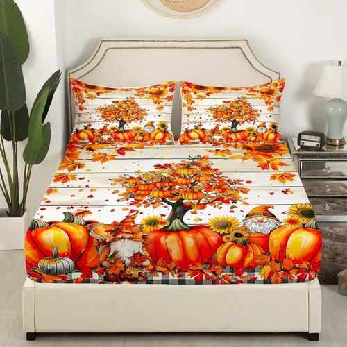 Miniatura 3 de Manfei Juego de sábanas de gnomos de otoño, tamaño individual, juego de ropa de cama de calabaza y girasol y hojas de arce para niños y niñas, juego