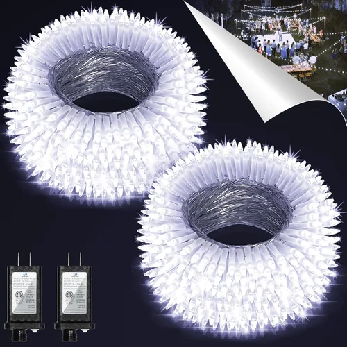 Paquete de 2 Total 200 Pies 600 Luces LED de Navidad en Cadena, Luces de Árbol de Hadas Blanco Frío Conectables, 8 Modos y Temporizador Luces en