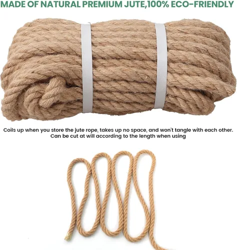 Miniatura 4 de Cuerda de yute de 1/2 pulgadas y 50 pies, material natural, cuerda de yute resistente trenzada para manualidades en interiores y exteriores