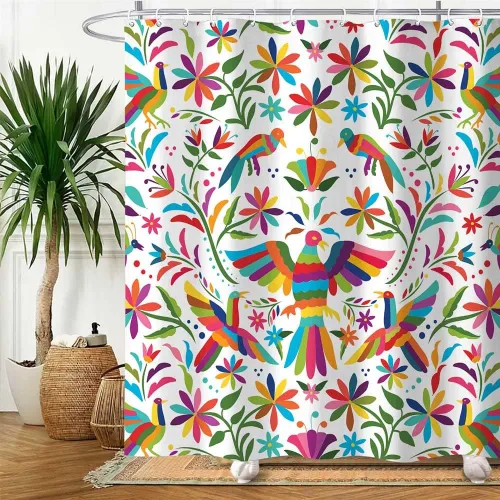 Miniatura 13 de Cortina de ducha con diseño floral de México, para baño, estilo tradicional mexicano Bluebird Otomi, diseño brillante, tela de cachemira, tela