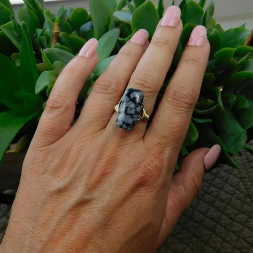 Miniatura 5 de Black Snowflake Obsidian Rectangle Gemstone Bead in Sterling Silver or 14kt Yellow or Rose Gold Filled Wire Band- Handmade Wire Wrapped Ring- Made