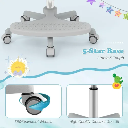 Miniatura 6 de Giantex Silla de escritorio para niños, silla rodante ergonómica ajustable con reposapiés y apoyabrazos abatibles, silla de oficina para niños