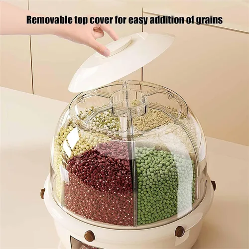 Miniatura 5 de Dispensador giratorio de alimentos secos para encimera, dispensador de 6 rejillas para lentejas, arroz, frijoles, contenedor de almacenamiento