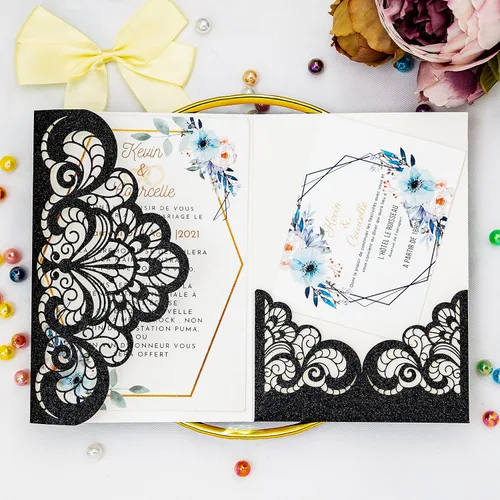 Miniatura 5 de Tarjeta de felicitación, 20 tarjetas de invitación con purpurina negra cortada con láser para bodas, fiestas, cumpleaños, graduaciones, Año Nuevo