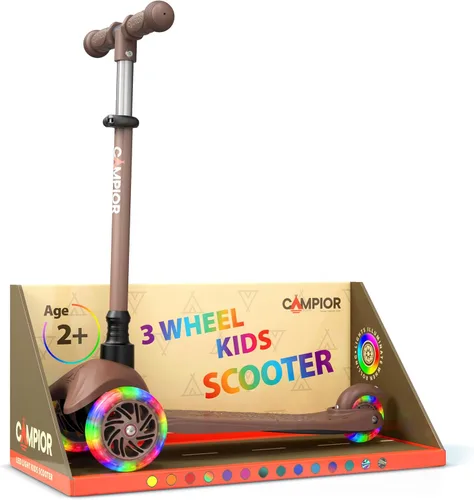 Miniatura 21 de Mini scooter naranja de 3 ruedas para niños, dirección por inclinación con ruedas LED iluminadas, manubrio ajustable, cubierta ancha antideslizante