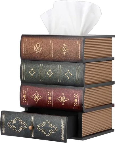 Funda de madera antigua para caja de pañuelos con cajón de almacenamiento, soporte cuadrado para pañuelos decorativos, estuche dispensador de Parte