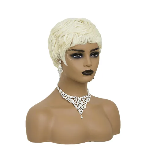 Miniatura 2 de Pelucas cortas rubias de corte Pixie para mujeres negras, pelucas cortas con flequillo para mujeres negras, pelucas en capas (rubio)