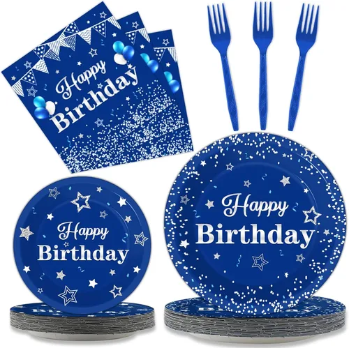 Tevxj - Juego de vajilla para fiesta de cumpleaños, 96 piezas en azul marino y plata, platos desechables, servilletas, tenedores para 24 invitados,