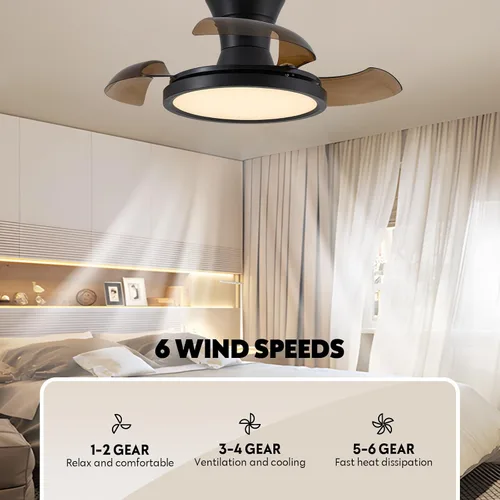 Miniatura 4 de Ventilador de techo retráctil moderno de 71 cm con luz, control remoto, regulable, 6 velocidades, reversible, pequeña luminaria de techo, sin aspas