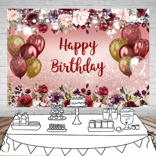 Miniatura 2 de Mocsicka Telón de fondo floral de feliz cumpleaños, flores burdeos, oro rosa, fondo de fotos con purpurina, vinilo para niñas y mujeres, decoración