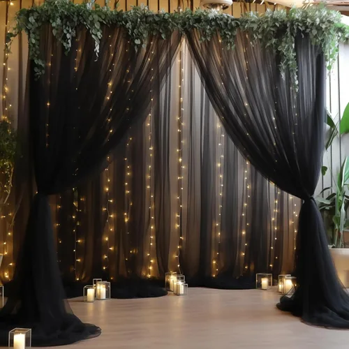 Miniatura 34 de Cortina de telón de fondo de tul negro de 10 x 10 pies con cadena de luces para fiestas, cortinas de fondo de fotos transparentes para bodas