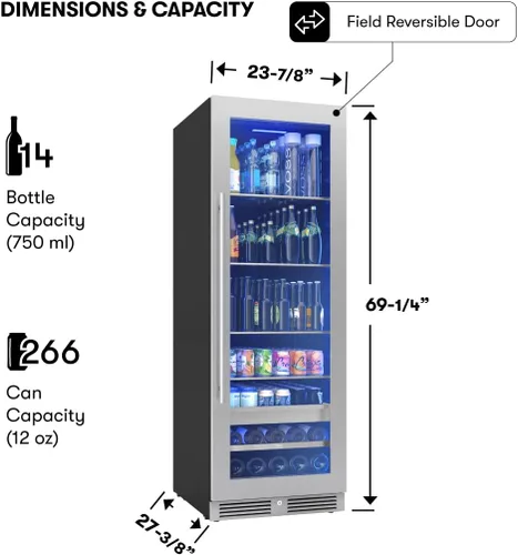 Miniatura 3 de Zephyr Refrigerador de vino y bebidas de 24 pulgadas, zona única, tamaño completo, bodegas de vino altas, gabinete de bebidas de bar grande