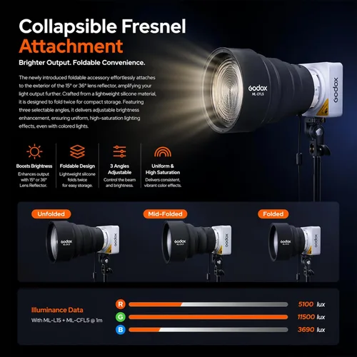 Miniatura 6 de Godox Luz de video LED RGB ML100R 110W, con reflector intercambiable de 15°/1800-10000K CCT/14 efectos FX cinematográficos/múltiples opciones