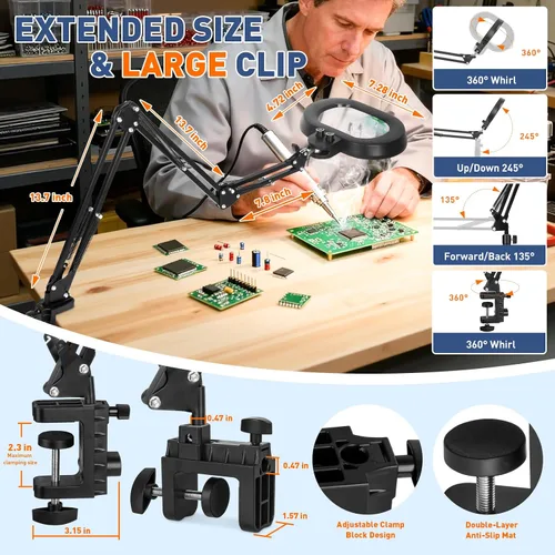 Miniatura 6 de KIRKAS Lupa de 12X con luz, rotación de tres ejes, lupa de brazo extra largo para banco de trabajo, reparación de manualidades, costura, lupa