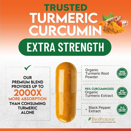 Miniatura 6 de Suplemento de curcumina de cúrcuma – 1800 mg de cúrcuma orgánica por porción – 95% de curcuminoides y extracto de pimienta negra BioPerine para una