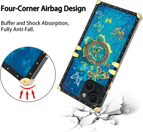 Miniatura 7 de nancheng Funda para iPhone 15, diseño de flor de mariposa azul, TPU suave, a prueba de golpes, con soporte de anillo y cordón a juego, elegante