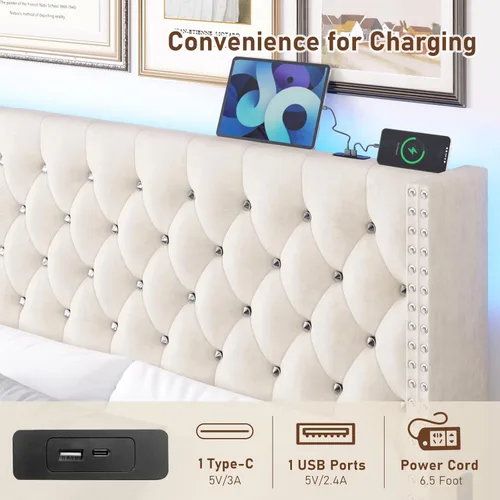 Miniatura 3 de Hlivelood - Marco de cama Queen LED tapizado con cabecera de respaldo, marco de cama tapizado con botones de diamante de terciopelo con puertos USB